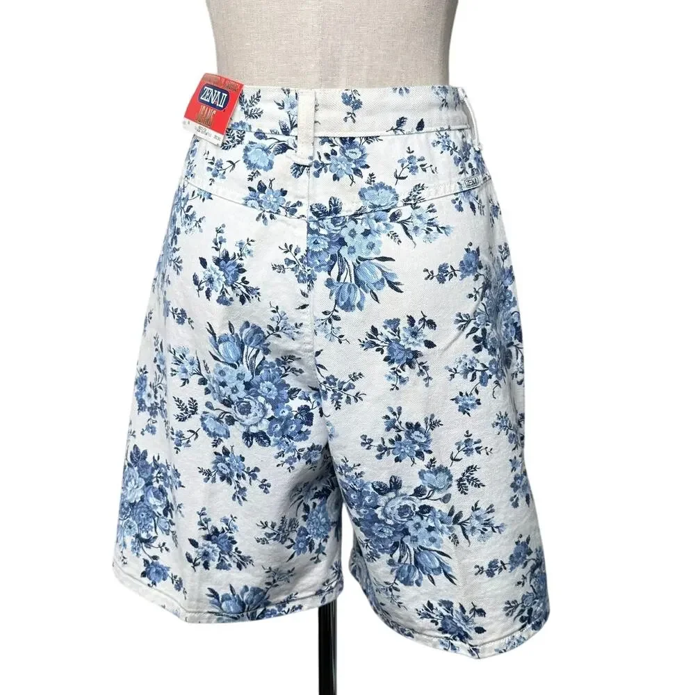 Vintage Zena II Floral Print White Denim Shorts Made in USA High Rise Size 8 NWT